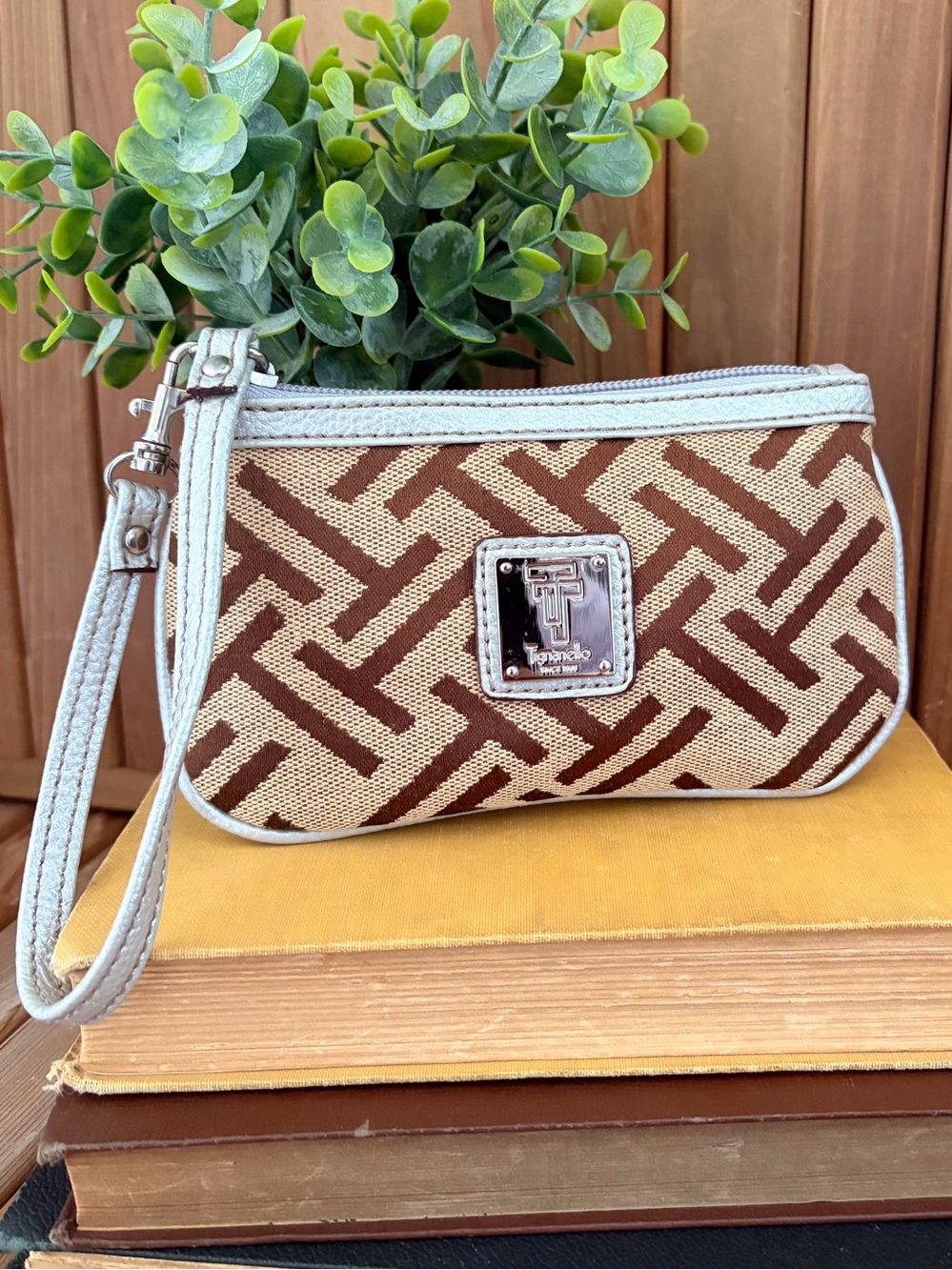 Tignanello Brown & Beige Jacquard Wristlet Clutch, EUC